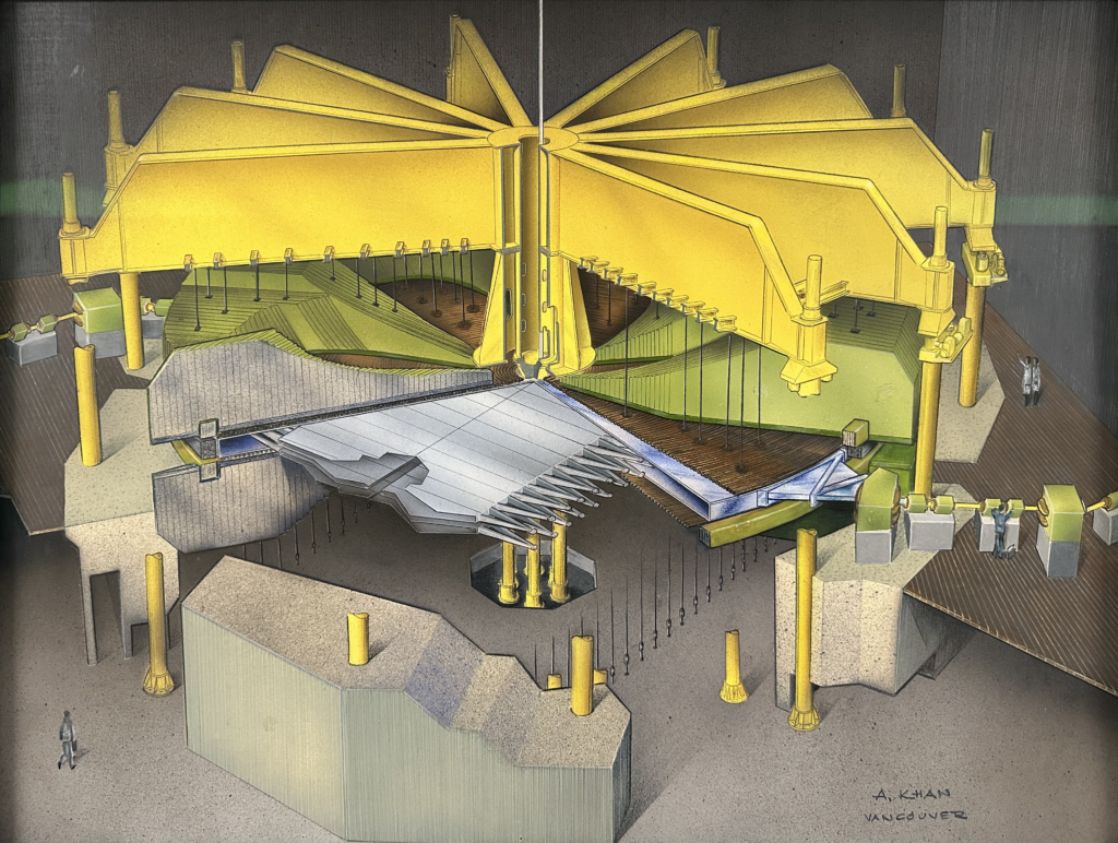 A colourful concept painting of the cyclotron showing a bright yellow 'lid' with an associated jack system for raising and lowering; thin metal sheets comprising the electrostatic deflectors for producing an electrical field; and various bulky concrete shielding blocks around its periphery. The human for scale next to the entire facility indicates it is the size of a 4-5 storey building, in total.