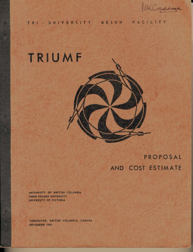 A laboratory notebook with simple text ('TRIUMF KAON Proposal') and a schematic of the circular cyclotron on the cover. Dated 1966.
